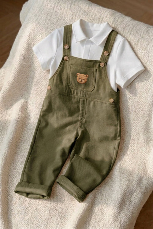 Bear Dungaree Set — Cotton Gabardine & T-Shirt (Olive Green)