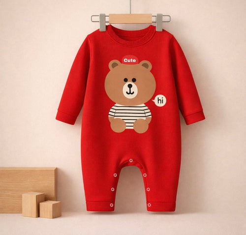 Happy Bear Baby Romper — Vibrant Red