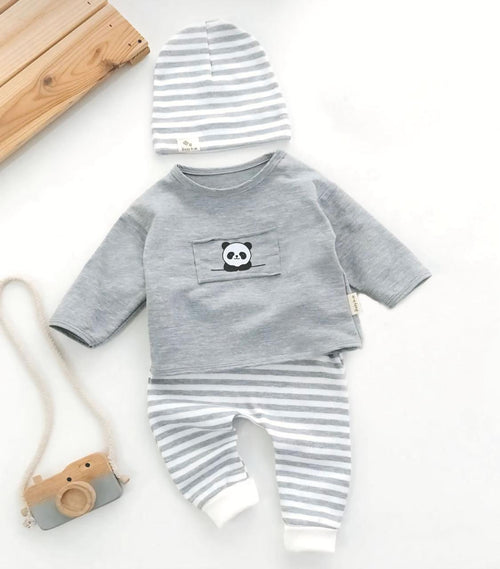 Panda 3-Piece Baby Set — Grey Stripe Cotton