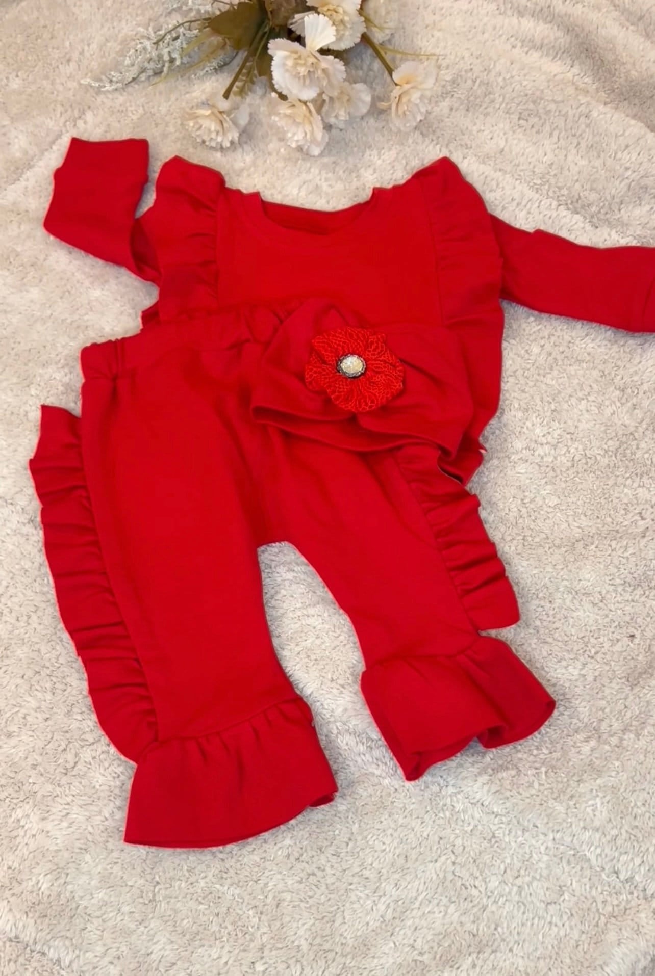 Red Carnation Baby Tracksuit — 3-Piece Cotton Set