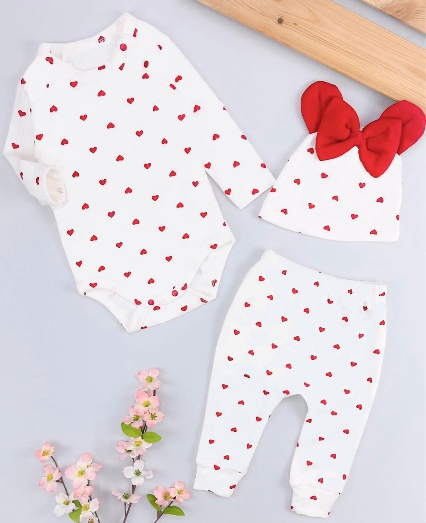 Hearts Baby Tracksuit with Hat — 3-Piece Cotton Set