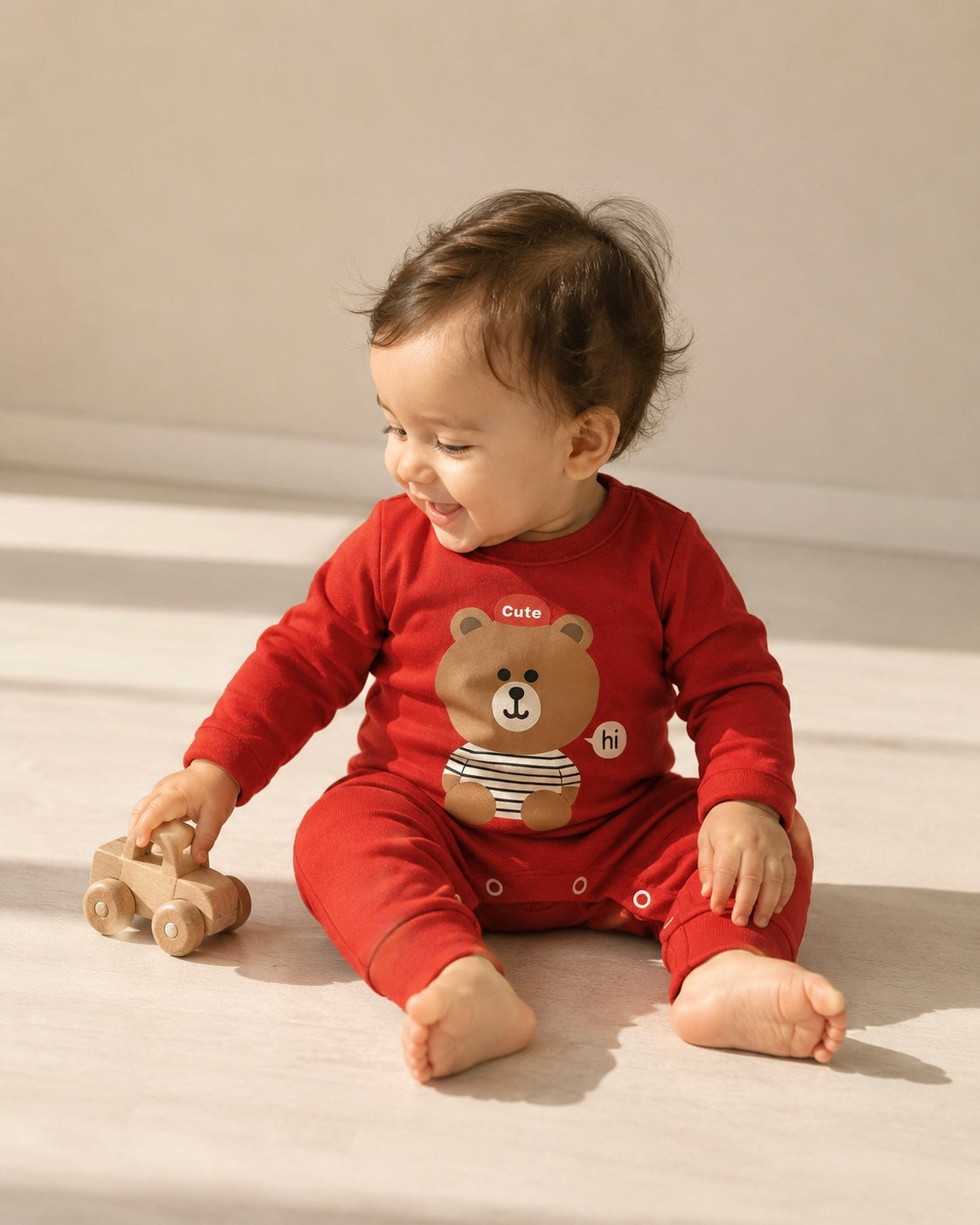 Happy Bear Baby Romper — Vibrant Red