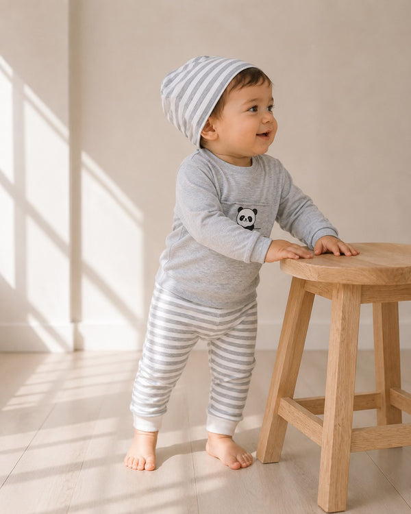 Panda 3-Piece Baby Set — Grey Stripe Cotton