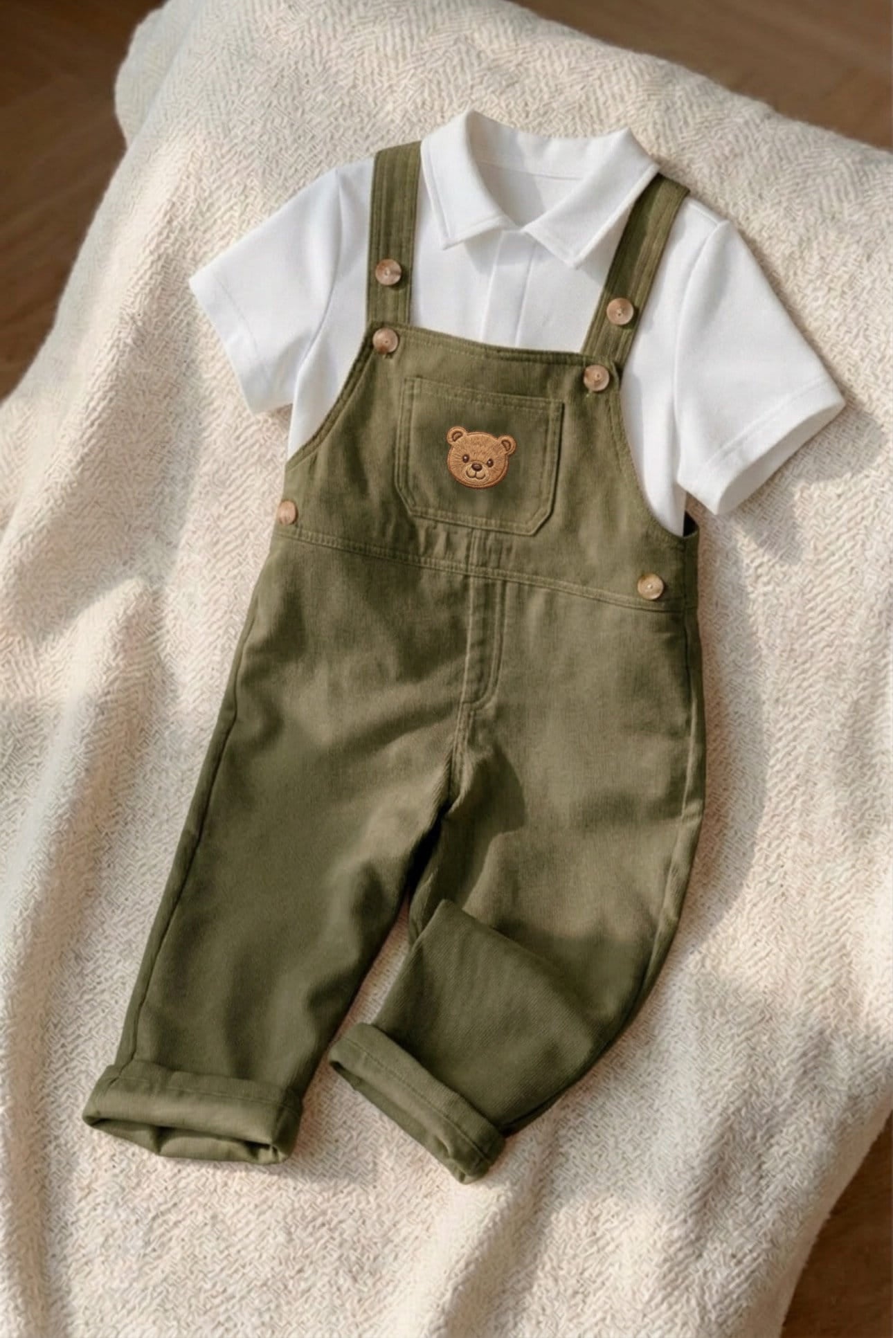 Bear Dungaree Set — Cotton Gabardine & T-Shirt (Olive Green)