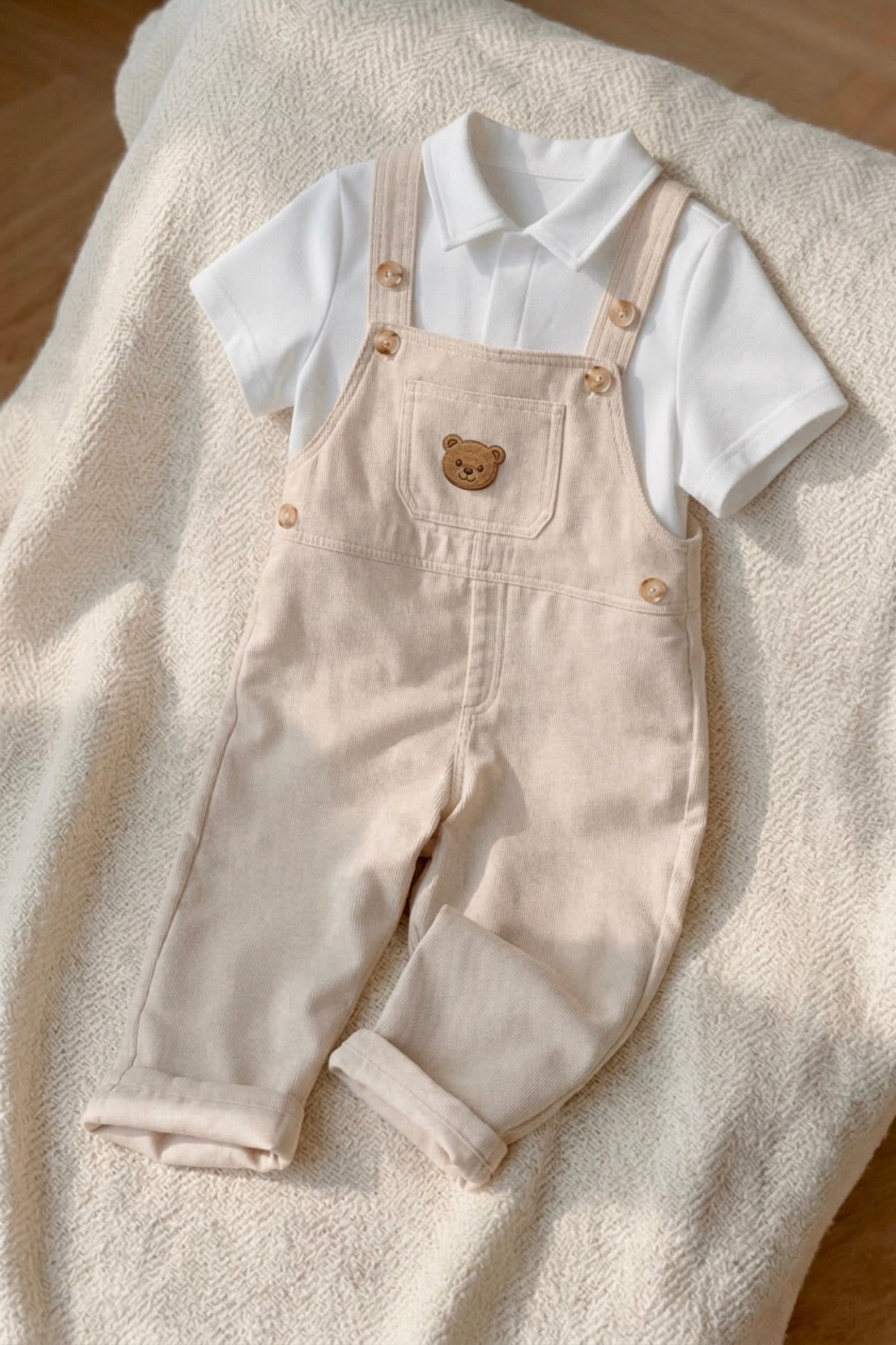 Bear Dungaree Set — Cotton Gabardine & T-Shirt (Beige)