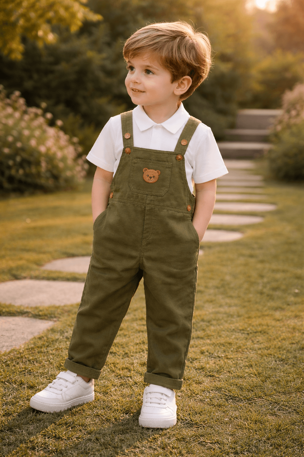 Bear Dungaree Set — Cotton Gabardine & T-Shirt (Olive Green)