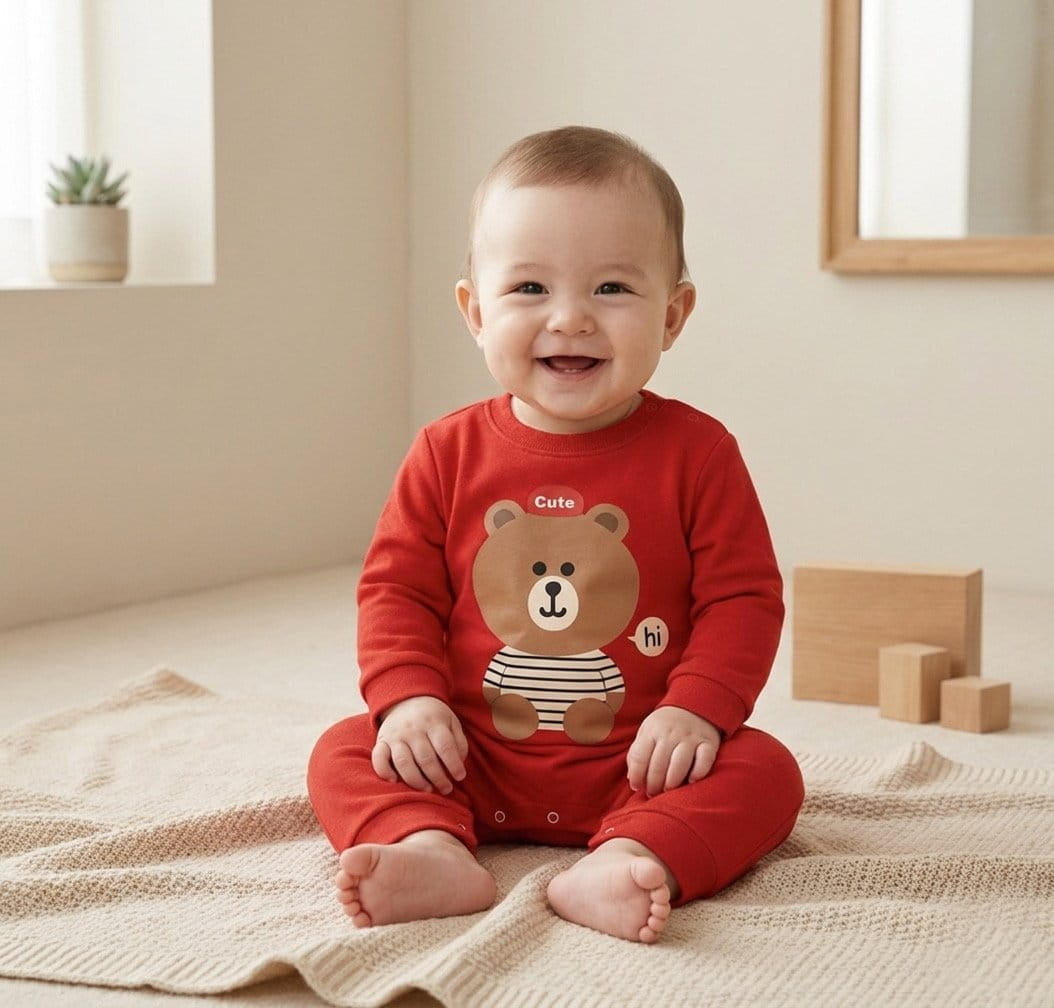 Happy Bear Baby Romper — Vibrant Red