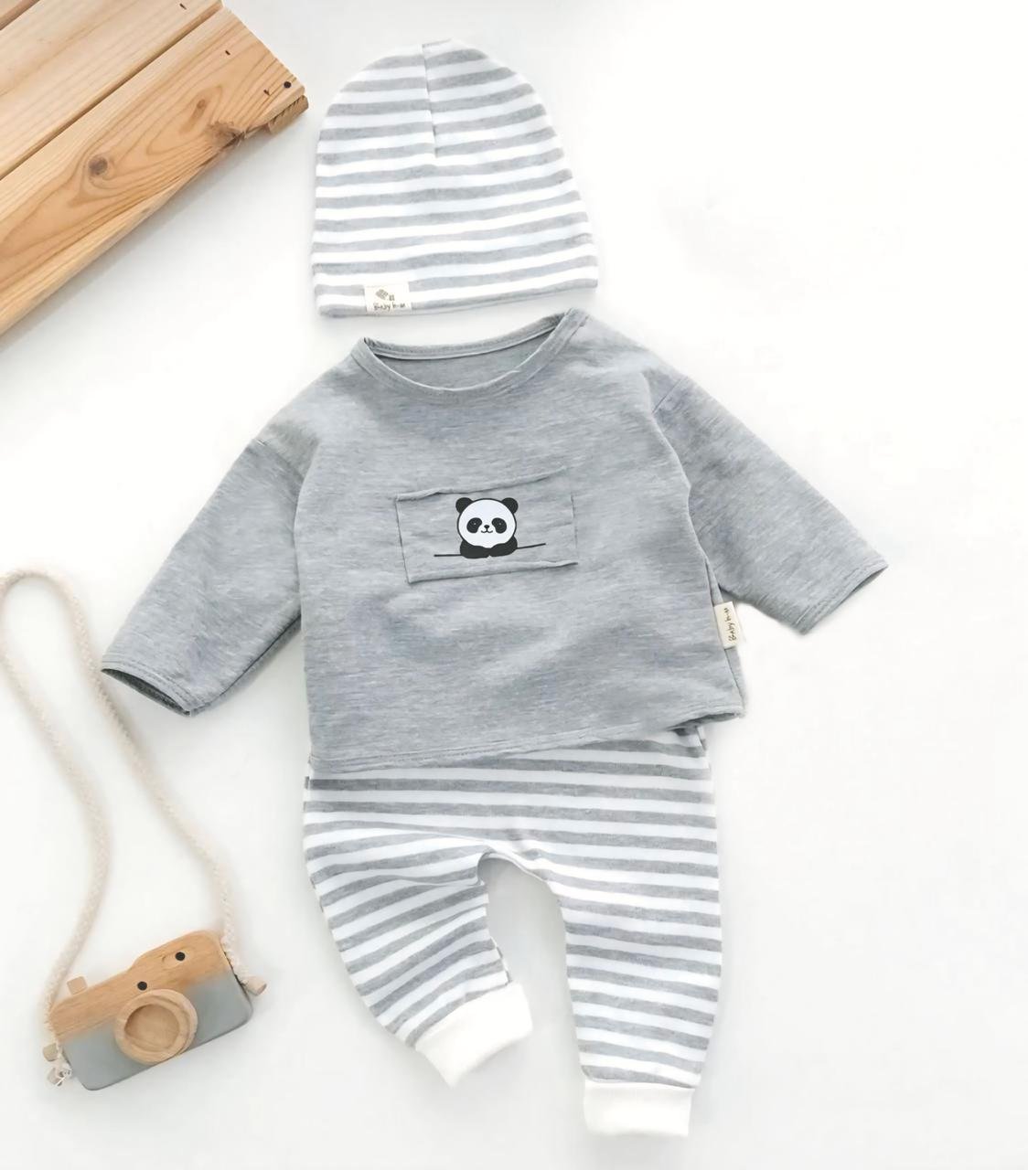 Panda 3-Piece Baby Set — Grey Stripe Cotton