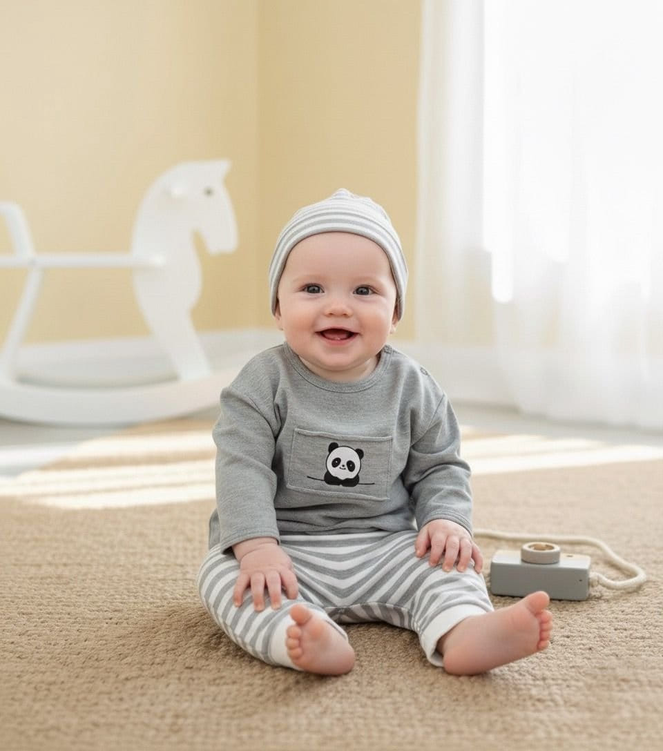 Panda 3-Piece Baby Set — Grey Stripe Cotton
