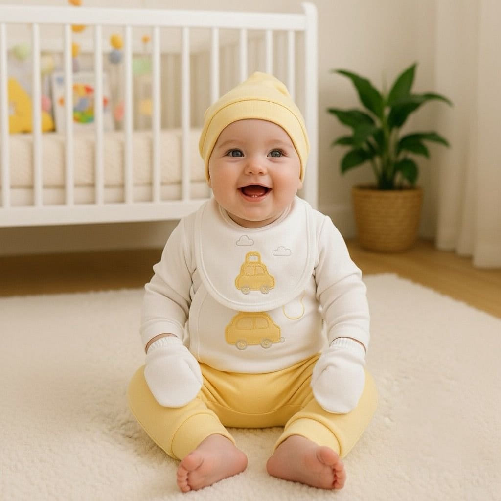 Cloud Car 5-Piece Newborn Set — Soft Yellow & White Cotton