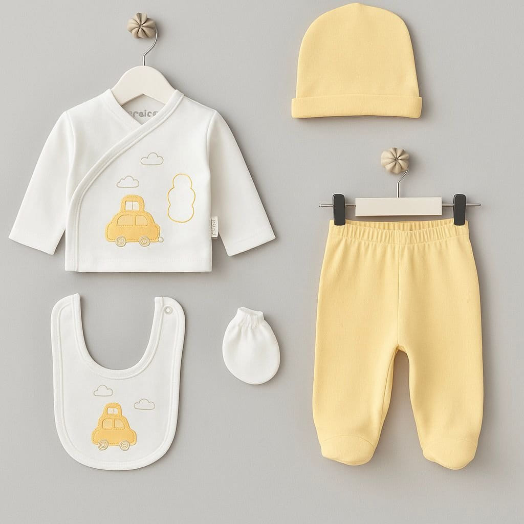 Cloud Car 5-Piece Newborn Set — Soft Yellow & White Cotton