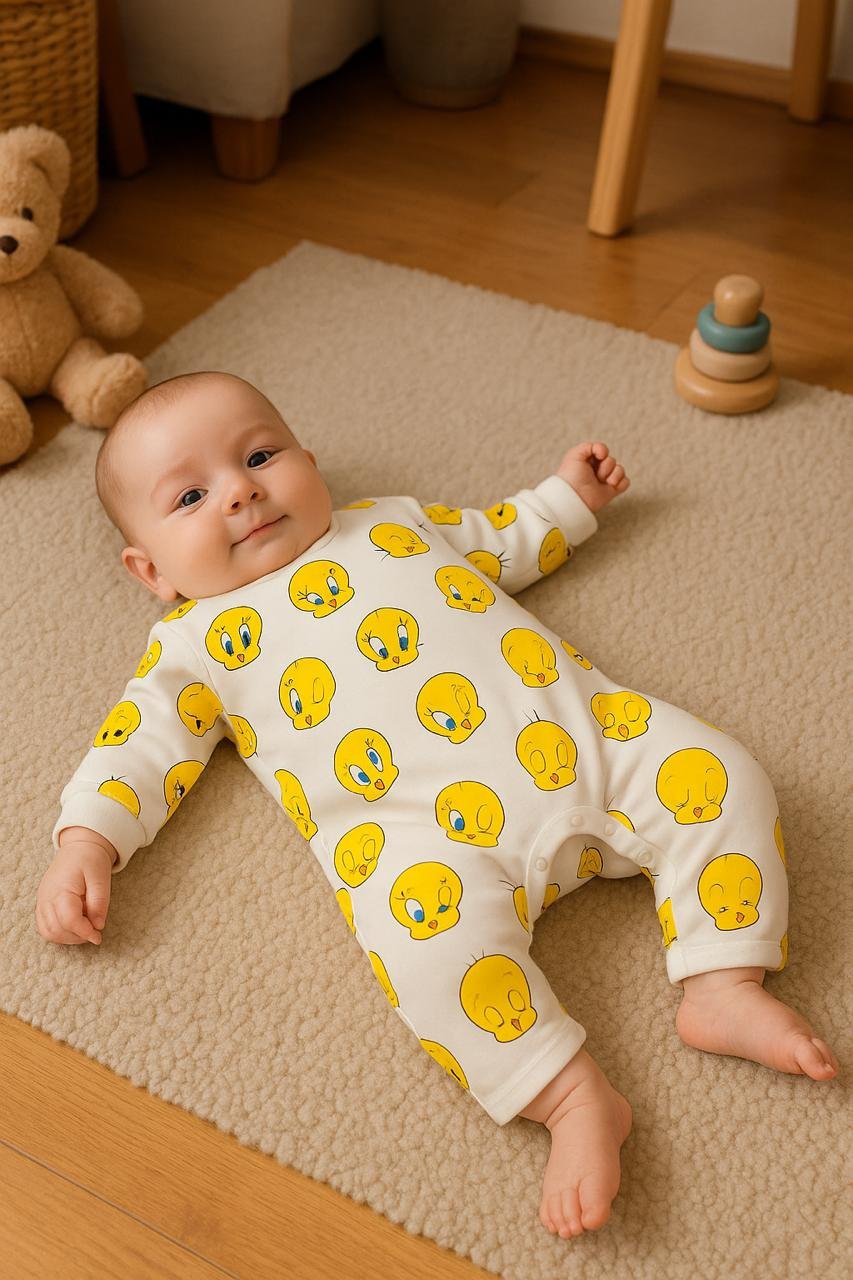 Tweety Bird Baby Romper — White & Yellow Cotton