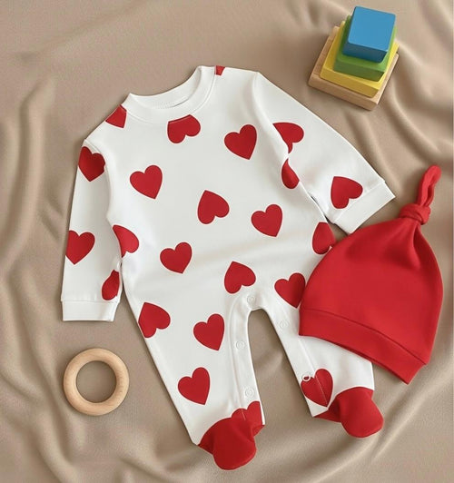 Love Hearts Baby Romper with Matching Hat