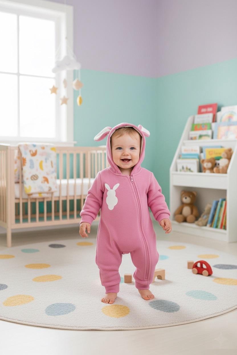 Bunny Winter Baby Romper / Onesie — Pink