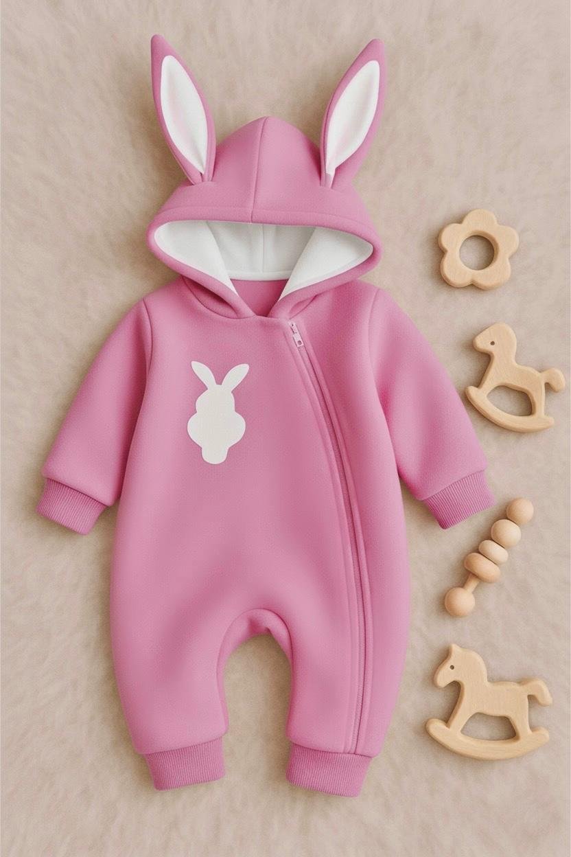 Bunny Winter Baby Romper / Onesie — Pink