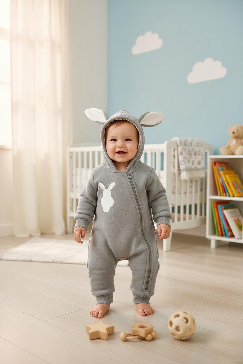 Bunny Winter Baby Romper / Onesie — Grey