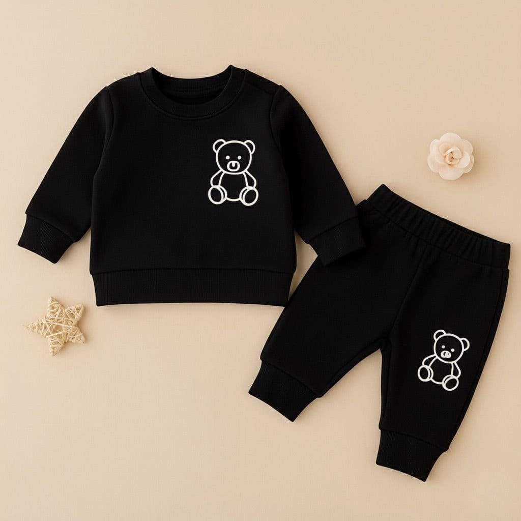 Black Bear Winter Baby Tracksuit — Fleece-Lined Melton