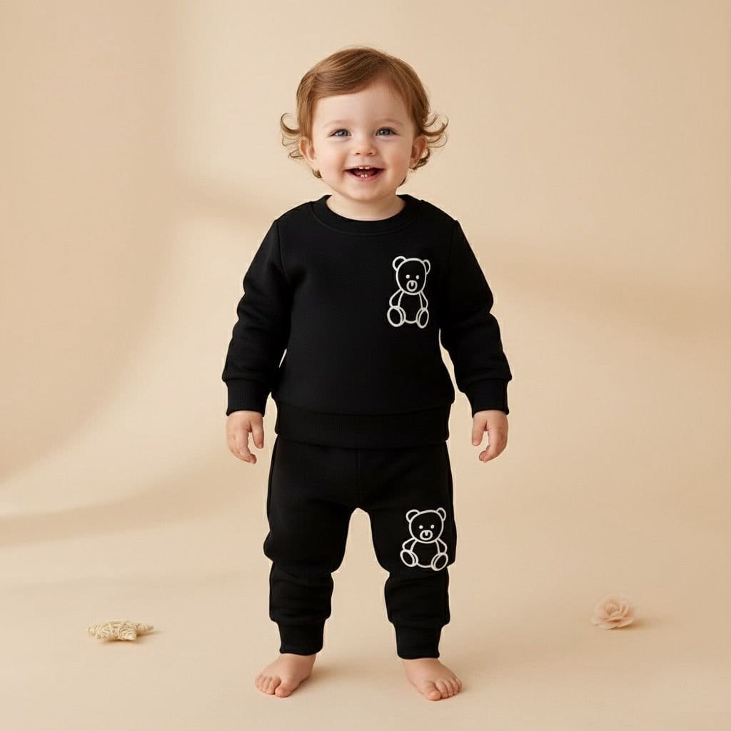 Black Bear Winter Baby Tracksuit — Fleece-Lined Melton